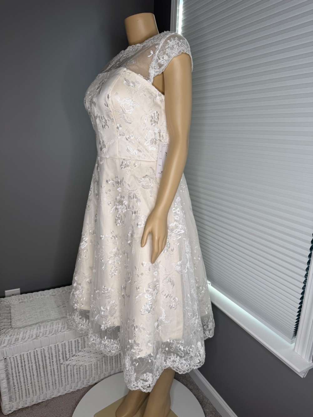 Cap-Sleeve Lace Tea-Length Wedding Dress in Ivory - Picture 2 of 7
